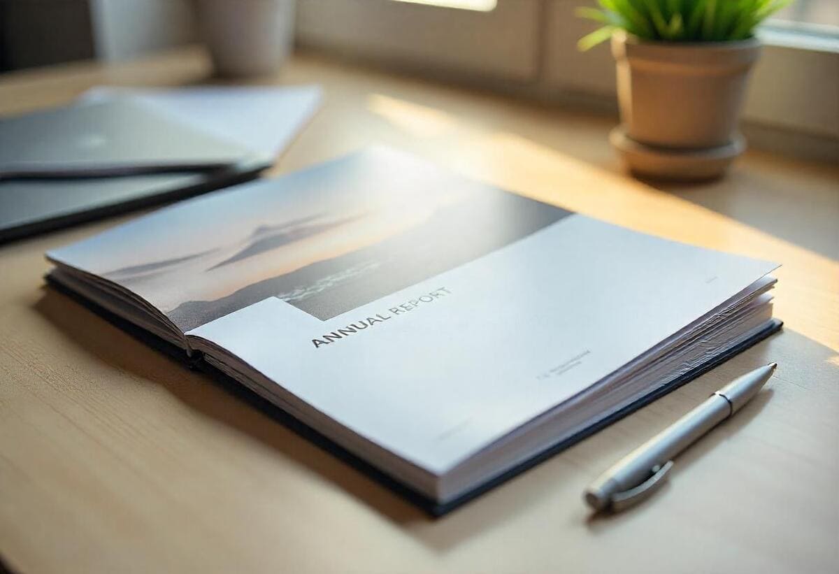 A well-designed annual report on an office desk, showcasing a custom cover and premium print finish.