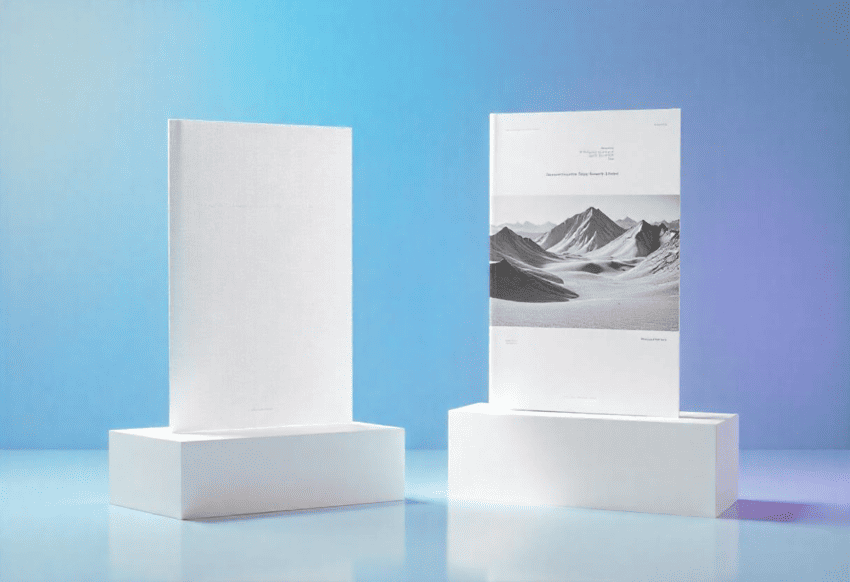 Comparison of two annual reports one with spot UV and embossing, the other without any finishing.