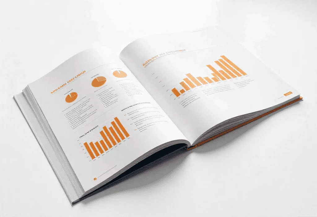 Custom printed annual report with financial layouts and branded cover, displayed on a white background