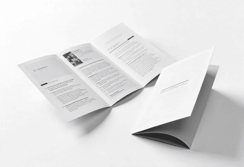 Custom printed brochure with clean design and fold layout, displayed on a white background