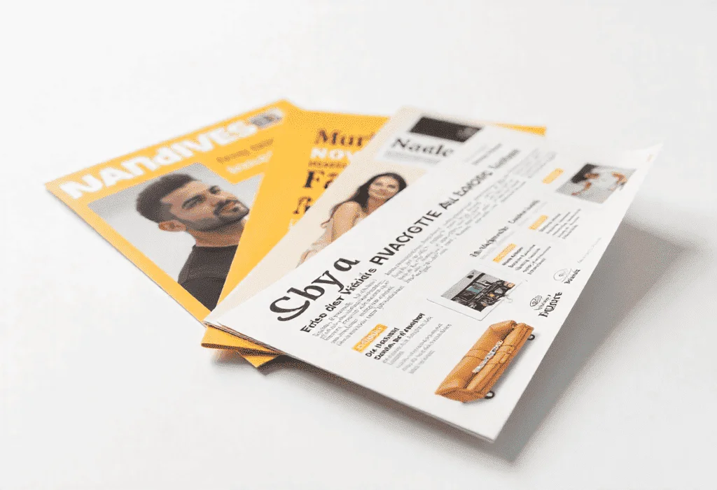 Custom printed flyers and folded leaflets with clear layout and vibrant design, displayed on a white background