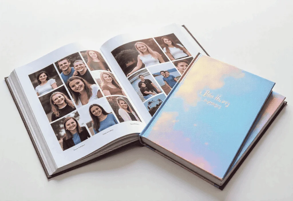 Custom printed yearbook with photo layouts and hardcover design, displayed on a white background