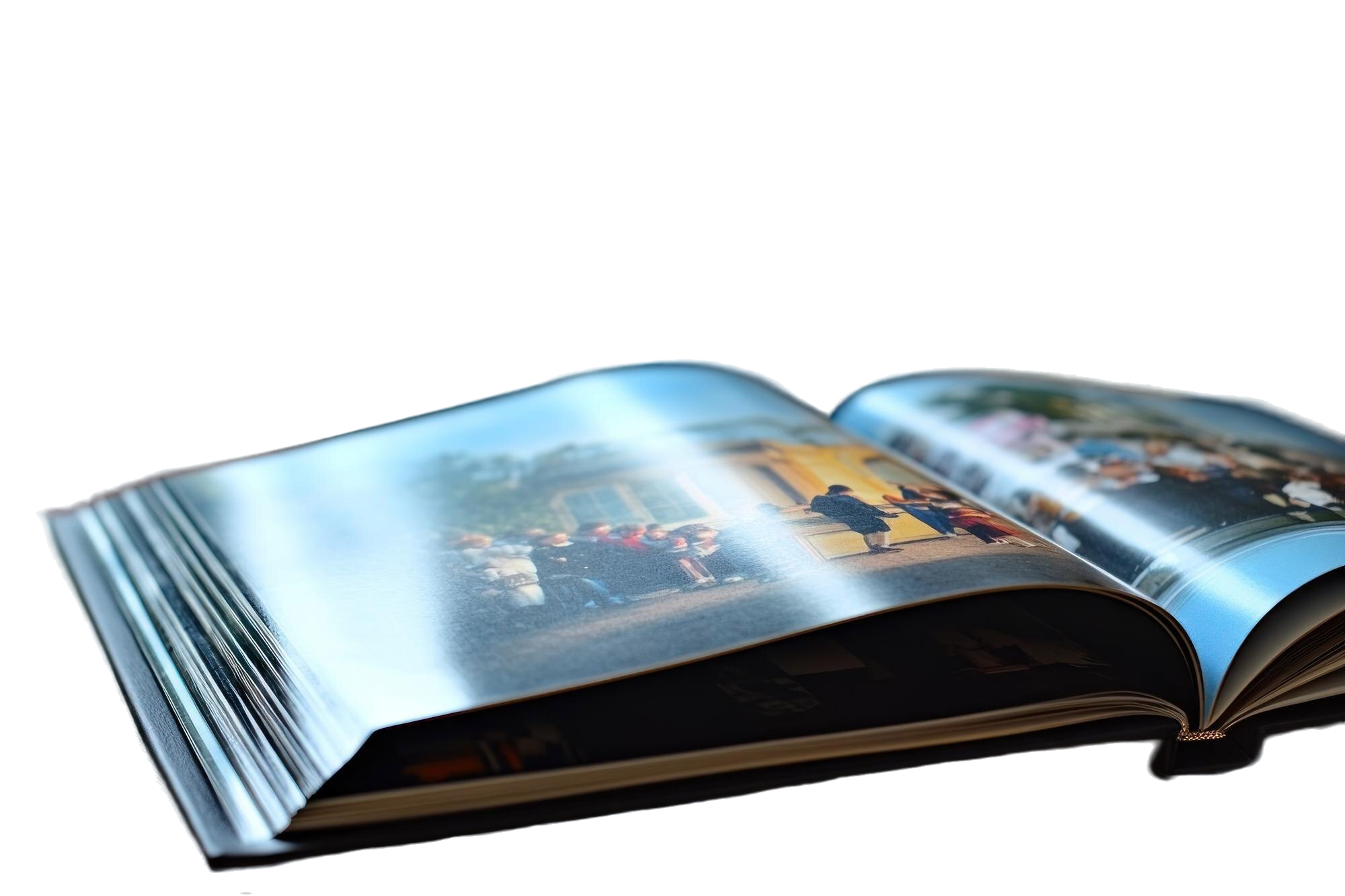 Open photo album with printed memory pages